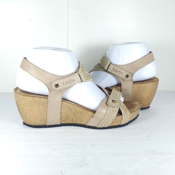 Taos Women’s Julia US9-9,5 Beige Leather Woven Cork Wedge Strappy Sandals - Picture 8 of 16